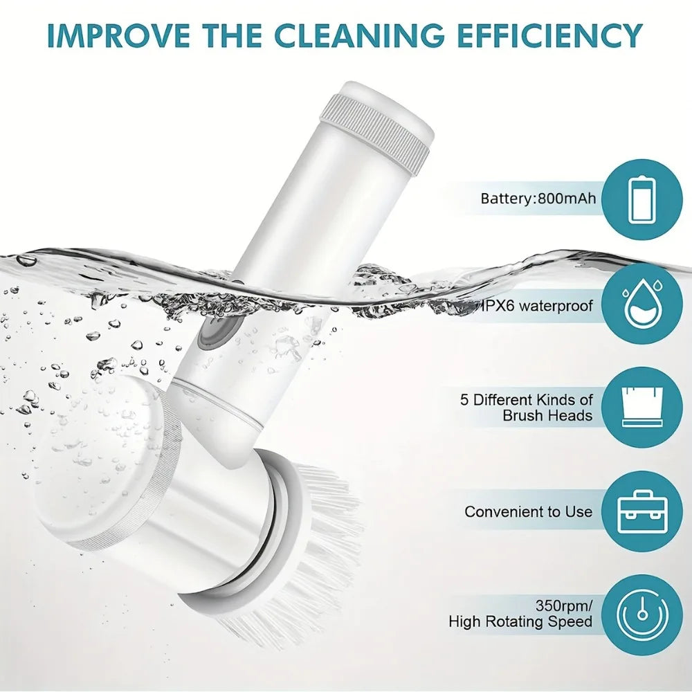 Multifunctional Electric Spin Scrubber Cleaning Brush Electric Bathroom Cleaning Brush Power Scrubber with 5 Replaceable Heads