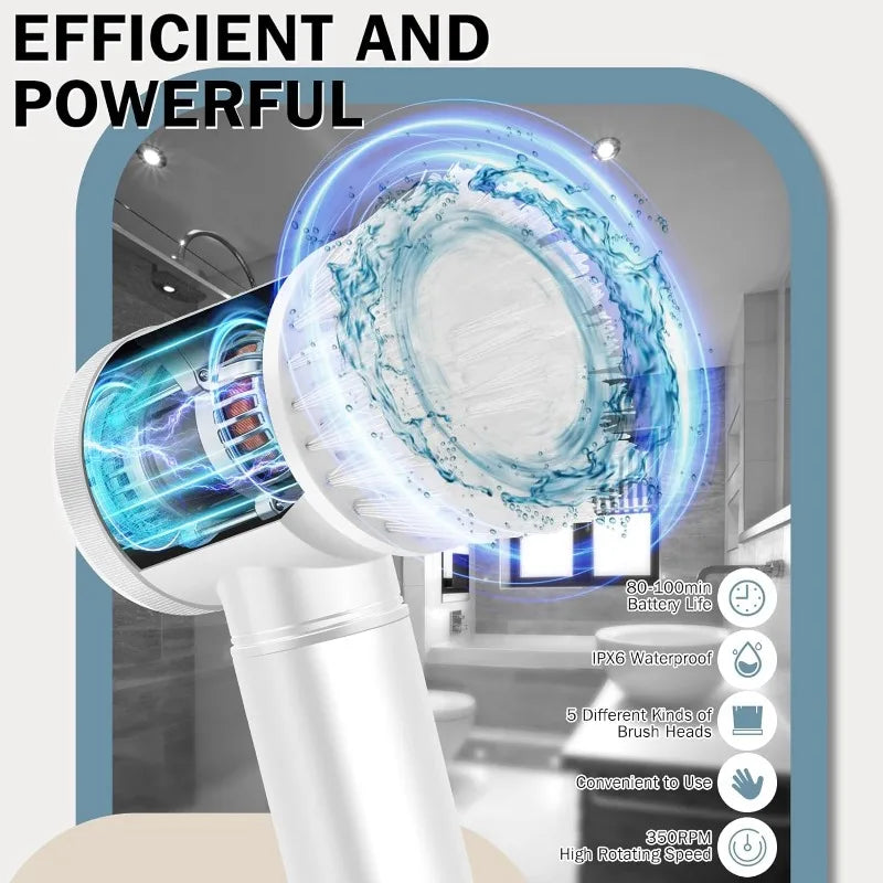 Multifunctional Electric Spin Scrubber Cleaning Brush Electric Bathroom Cleaning Brush Power Scrubber with 5 Replaceable Heads