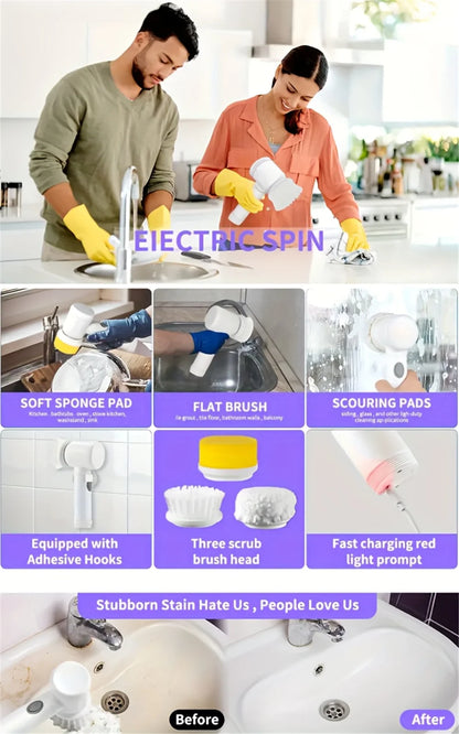 Multifunctional Electric Spin Scrubber Cleaning Brush Electric Bathroom Cleaning Brush Power Scrubber with 5 Replaceable Heads